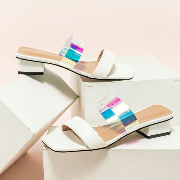 

Holographic Block Heeled Mules, White