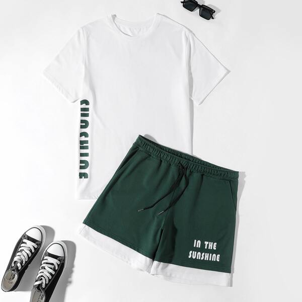 

Men Letter Graphic Tee & Drawstring Shorts, Multicolor