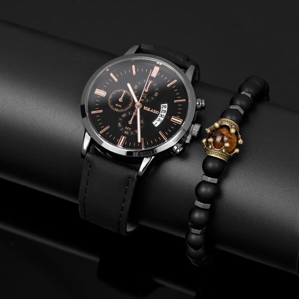

1pc Men Tripe Dial Quartz Watch With 1pc Beaded Bracelet