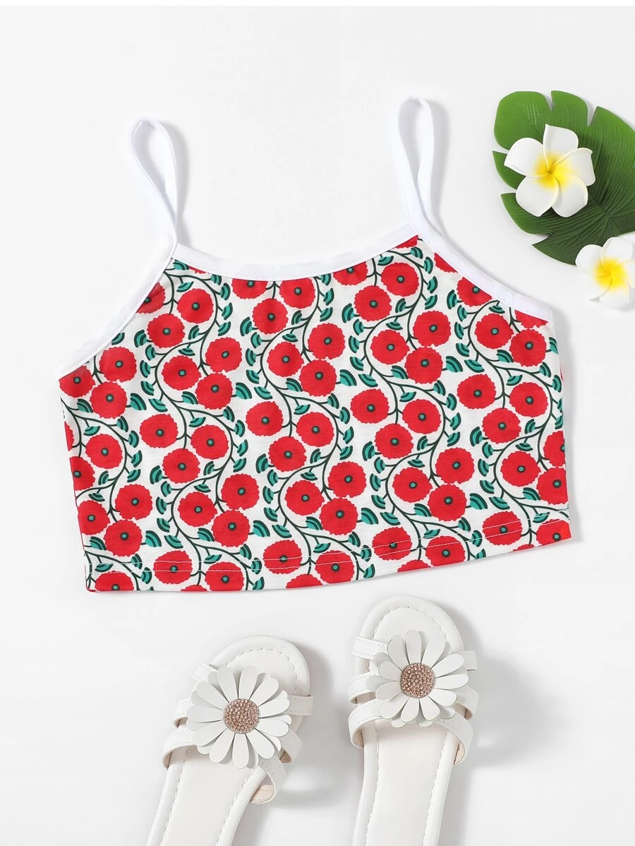 Girls Flower Print Crop Cami Top - Red - View 1