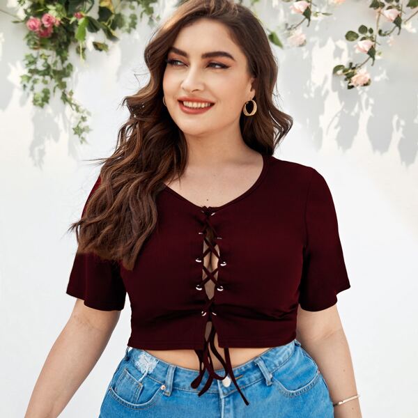 

Plus Lace Up Front Rib-knit Top, Burgundy