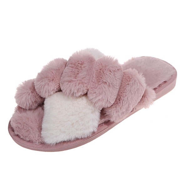 

Two Tone Cross Strap Fluffy Slippers, Pink