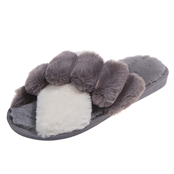 

Two Tone Cross Strap Fluffy Slippers, Grey