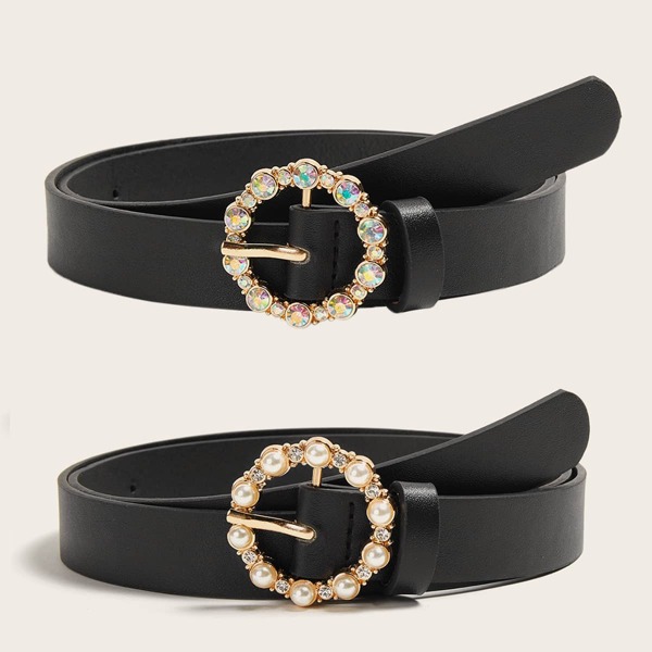 

2pcs Rhinestone Buckle Belt, Black