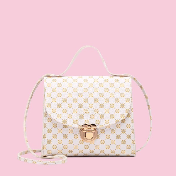 

Geometric Graphic Push Lock Satchel Bag, White