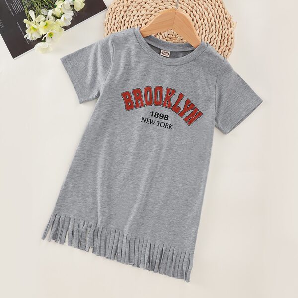 

Toddler Girls Letter Graphic Fringe Hem Tee Dress, Grey
