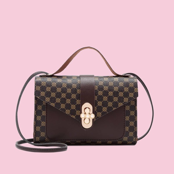 

Faux Pearl Decor Geometric Graphic Satchel Bag, Brown