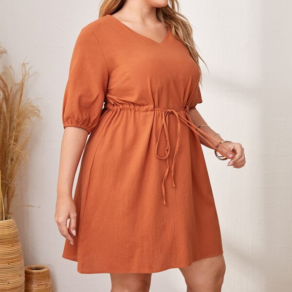 

Plus Drawstring Waist V Neck Dress, Burnt orange