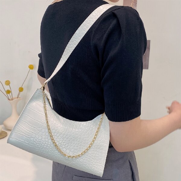 

Minimalist Chain Decor Croc Embossed Shoulder Bag, White