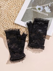 Fingerless Lace Gloves - Black - View 3