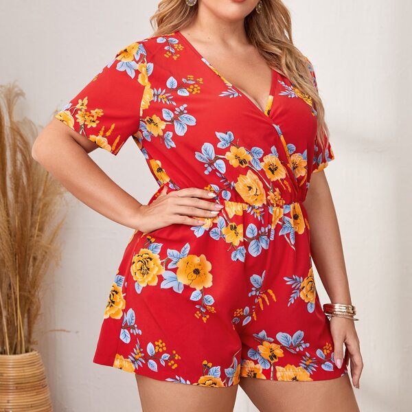 

Plus Surplice Neck Floral Romper, Red