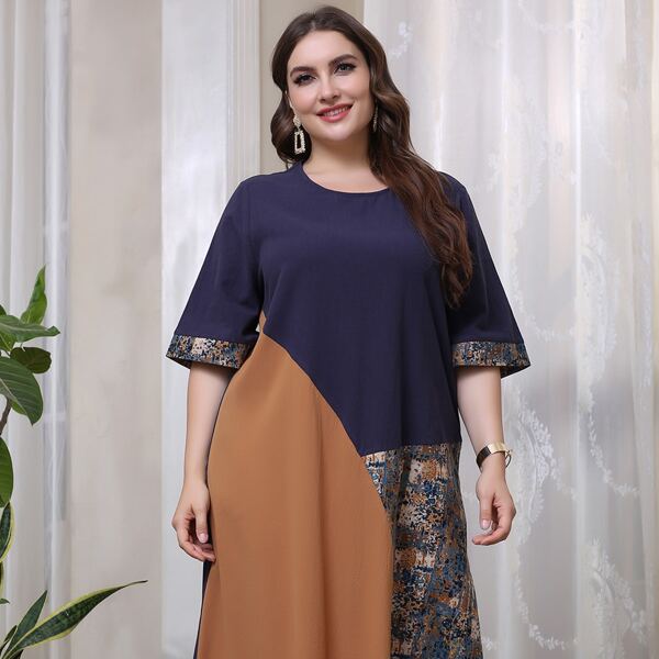

Plus Colorblock Round Neck Dress, Multicolor
