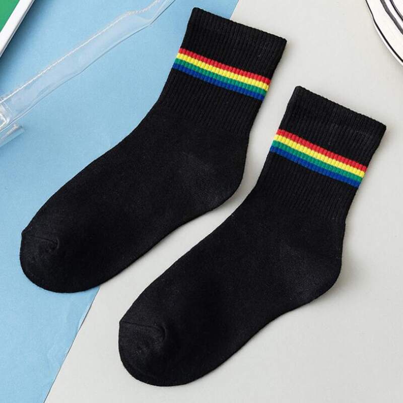 

1pair Colorful Striped Crew Socks, Black