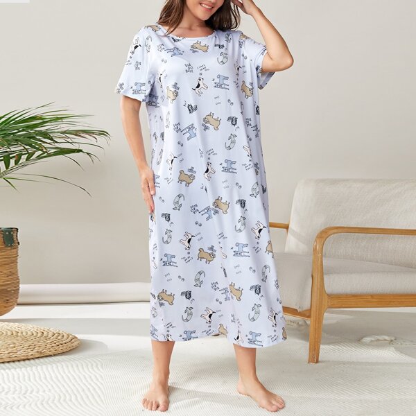 

Plus Letter And Cartoon Graphic Nightdress, Baby blue