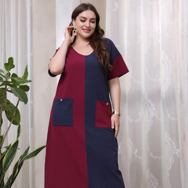 

Plus Two Tone Dual Pocket Dress, Multicolor