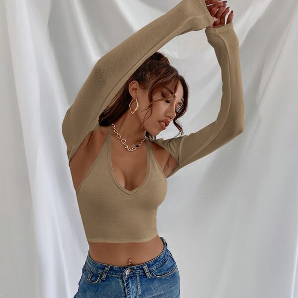 

Tie Back Halter Top & Long Sleeve Shrug, Khaki