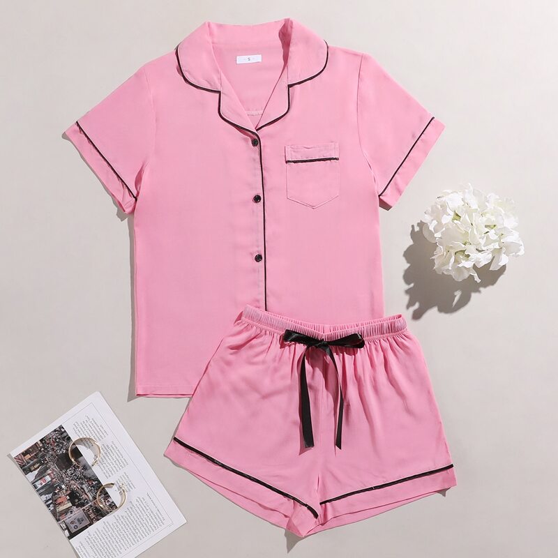 

Contrast Binding Tie Front Pajama Set, Pink
