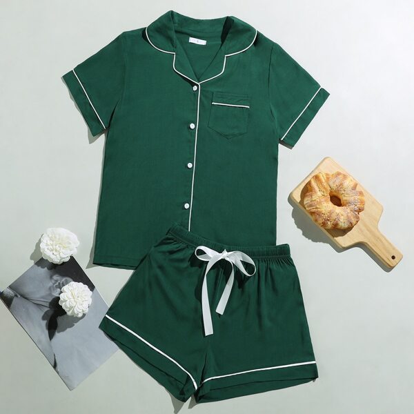 

Contrast Binding Tie Front Pajama Set, Dark green