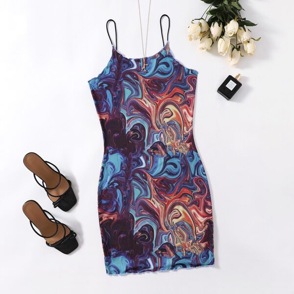 

Plus Lettuce Trim Marble Print Bodycon Dress, Multicolor