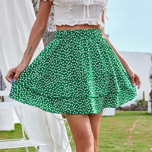 

Ditsy Floral Layered Hem Skirt, Green