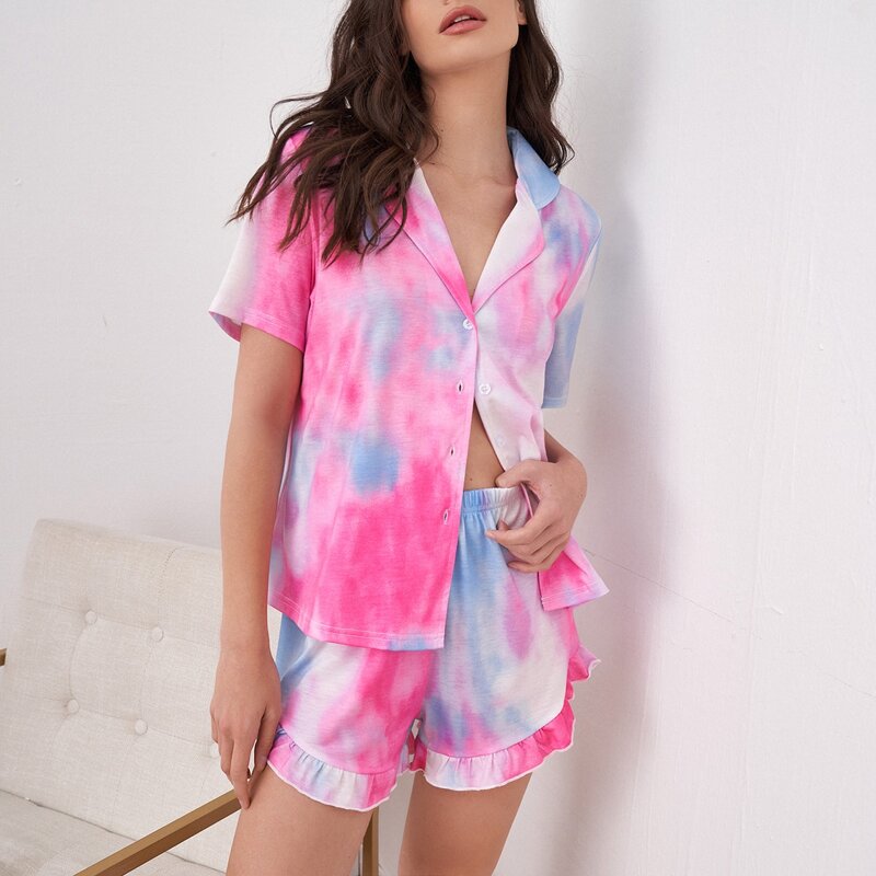 

Tie Dye Ruffle Hem Pajama Set, Multicolor