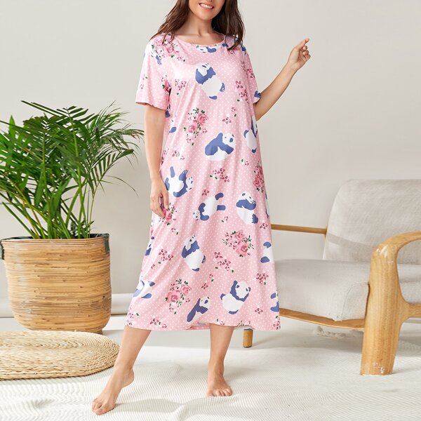 

Plus Cartoon & Floral Night Dress, Baby pink