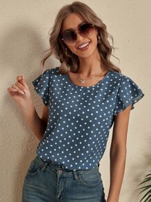 SHEIN LUNE Polka Dot Cut Out Back Blouse - Dusty Blue - View 1