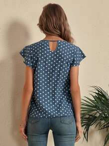 SHEIN LUNE Polka Dot Cut Out Back Blouse - Dusty Blue - View 2
