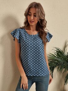 SHEIN LUNE Polka Dot Cut Out Back Blouse - Dusty Blue - View 3