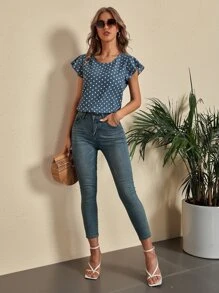 SHEIN LUNE Polka Dot Cut Out Back Blouse - Dusty Blue - View 4
