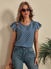 SHEIN LUNE Polka Dot Cut Out Back Blouse - Dusty Blue - View 5