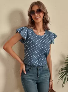 SHEIN LUNE Polka Dot Cut Out Back Blouse - Dusty Blue - View 6