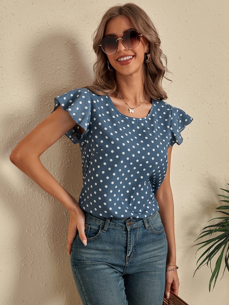 SHEIN LUNE Polka Dot Cut Out Back Blouse - Dusty Blue - View 6