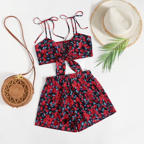

Allover Floral Print Shirred Back Tie Front Crop Cami Top & Shorts Set, Multicolor