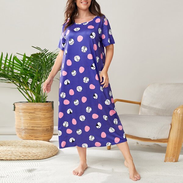 

Plus Cartoon & Polka Dot Print Nightdress, Violet purple
