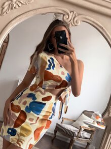 GENKIRA Graphic Cut Out Tie Side Dress - Multicolor - View 1