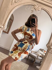 GENKIRA Graphic Cut Out Tie Side Dress - Multicolor - View 6