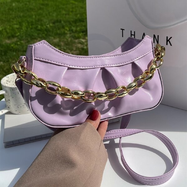 

Ruched Design Chain Satchel Bag, Purple