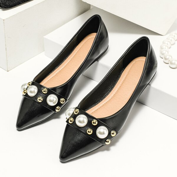 

Studded & Faux Pearl Decor Ballet Flats, Black