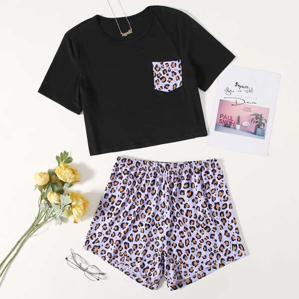 

Leopard Pocket Front Tee & Shorts PJ Set, Multicolor