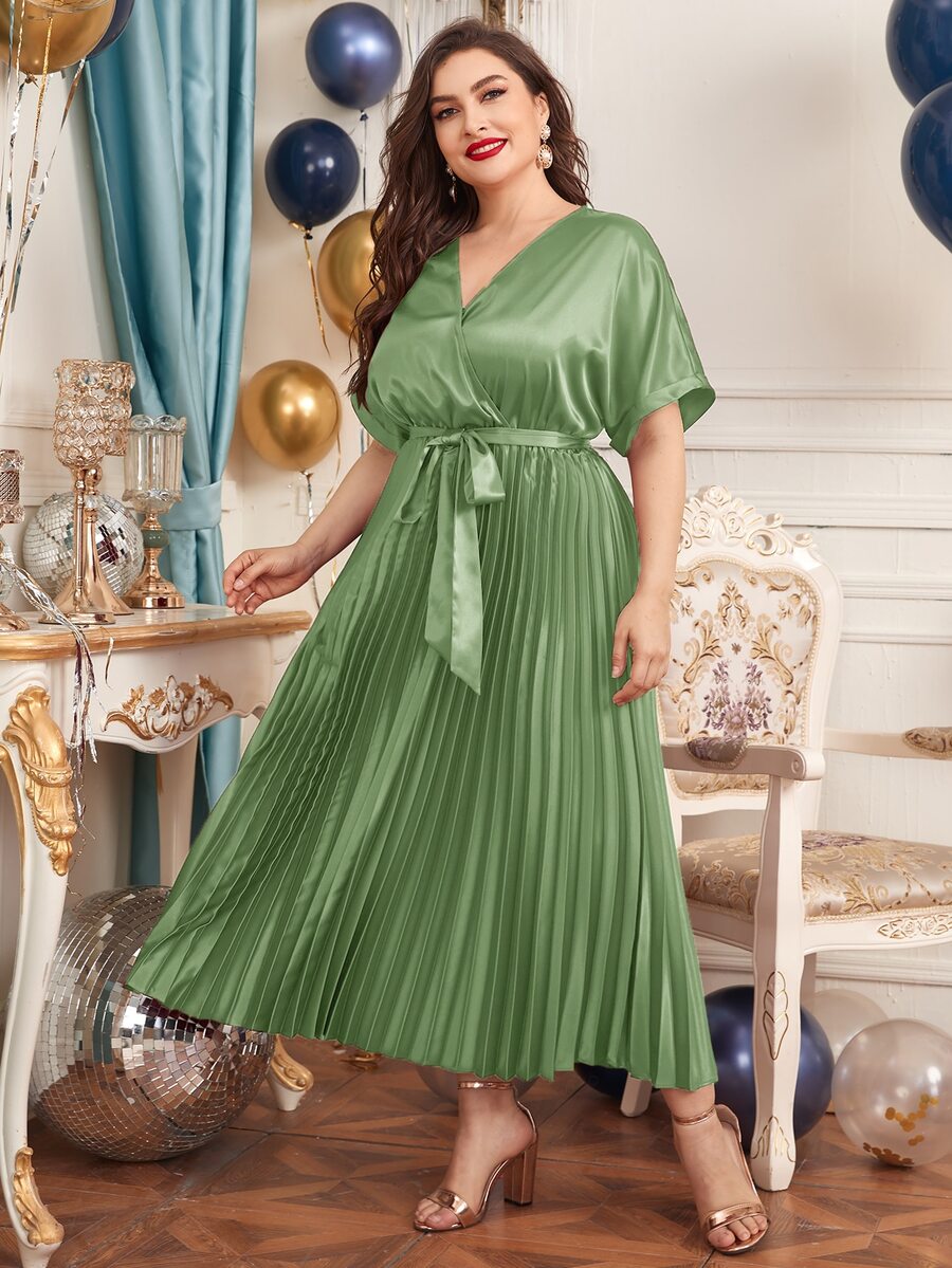 SHEIN Plus Surplice Neck Belted Pleated Dress - Mint Green - View 1