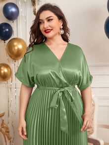 SHEIN Plus Surplice Neck Belted Pleated Dress - Mint Green - View 3