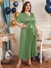 SHEIN Plus Surplice Neck Belted Pleated Dress - Mint Green - View 4