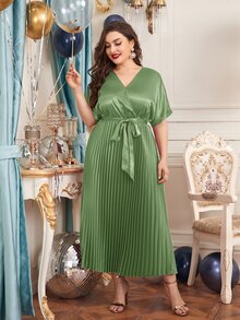 SHEIN Plus Surplice Neck Belted Pleated Dress - Mint Green - View 5