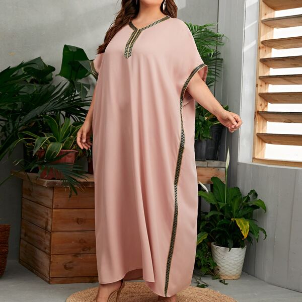 

размера плюс Абайя с рукавами "летучая мышь" вышивкой, Розовые