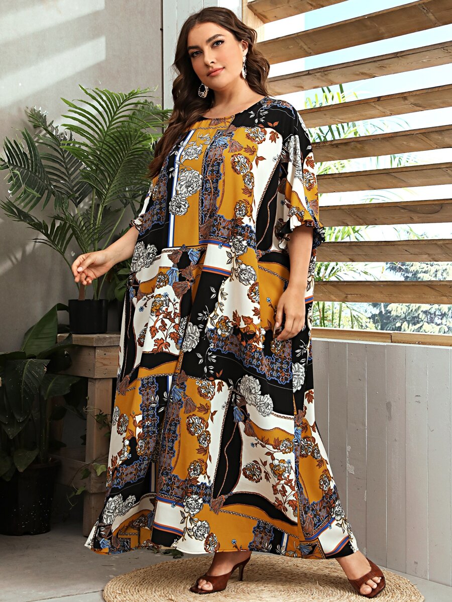 Al Najma Plus Flounce Sleeve Scarf Print Abaya - Multicolor - View 1