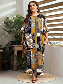 Al Najma Plus Flounce Sleeve Scarf Print Abaya - Multicolor - View 3