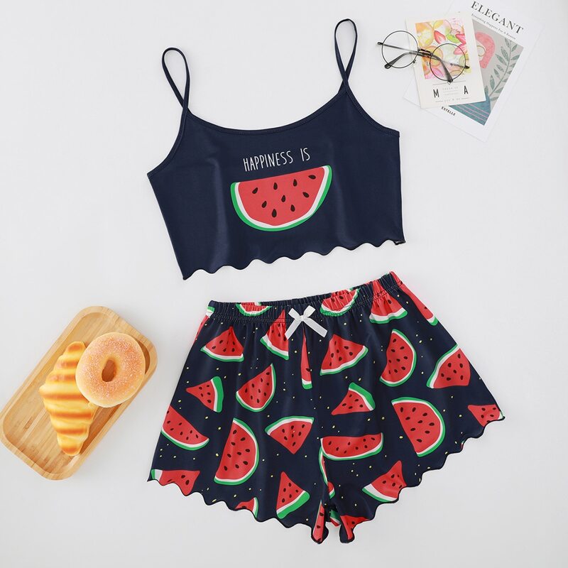

Slogan & Watermelon Bow Pajama Set, Navy blue