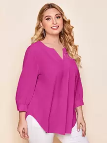 SHEIN LUNE Plus Notched Neck Curved Hem Top - Hot Pink - View 1