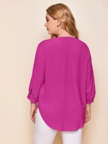 SHEIN LUNE Plus Notched Neck Curved Hem Top - Hot Pink - View 2